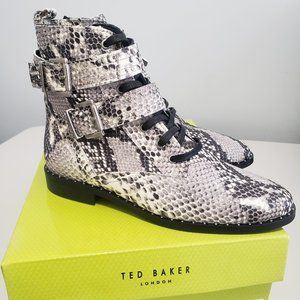 Brand new Ted Baker London Kelanas Snake-Print Leather Booties, size 8.5